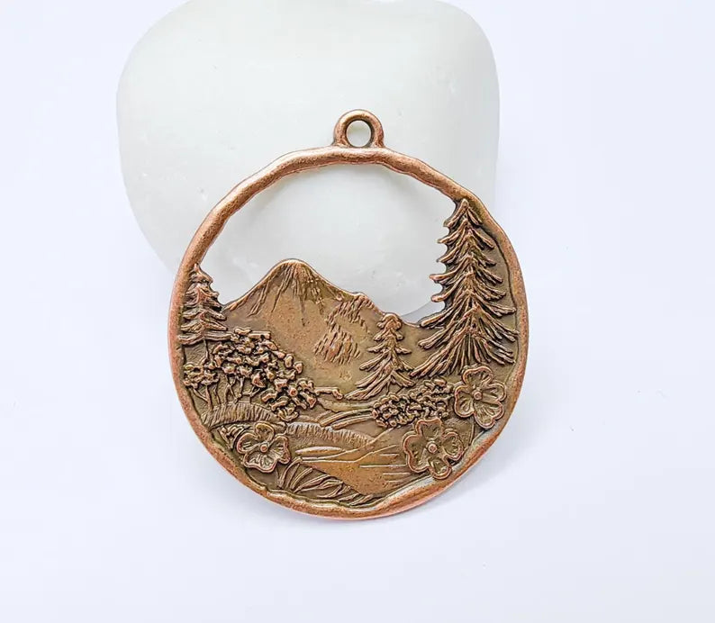 Mountain Tree and Flowers Pendant, Nature Forest Landscape Earring, Pine Tree Jewelry Component, Antique Copper Plated 44x39mm G37262