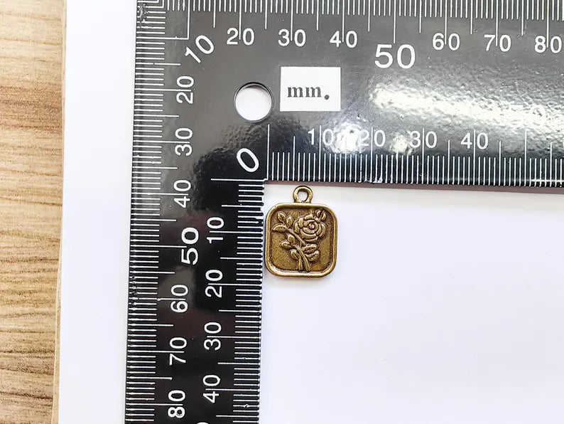 Rose Square Charm, Embossed Flower Pendant, Floral Oval Tag for Bracelet or Necklace, Romantic Jewelry, Antique Bronze Plated 18x14mm G37265