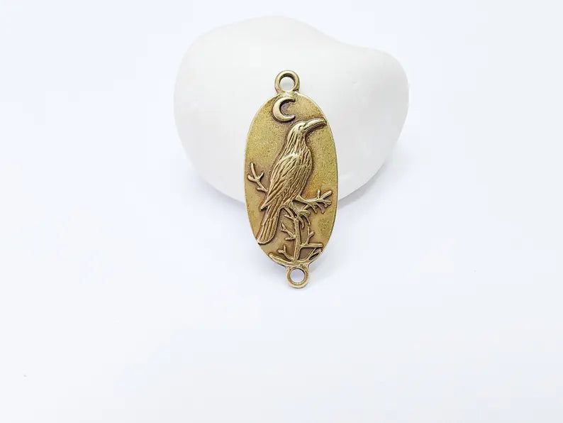 Raven Charm Connector, Gothic Boho Pendant, Bird and Moon Earring, Oval Celestial Mystical Necklace, Antique Bronze Plated 38x17mm G37266
