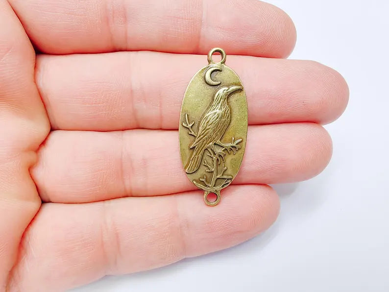 Raven Charm Connector, Gothic Boho Pendant, Bird and Moon Earring, Oval Celestial Mystical Necklace, Antique Bronze Plated 38x17mm G37266