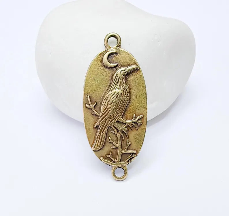Raven Charm Connector, Gothic Boho Pendant, Bird and Moon Earring, Oval Celestial Mystical Necklace, Antique Bronze Plated 38x17mm G37266