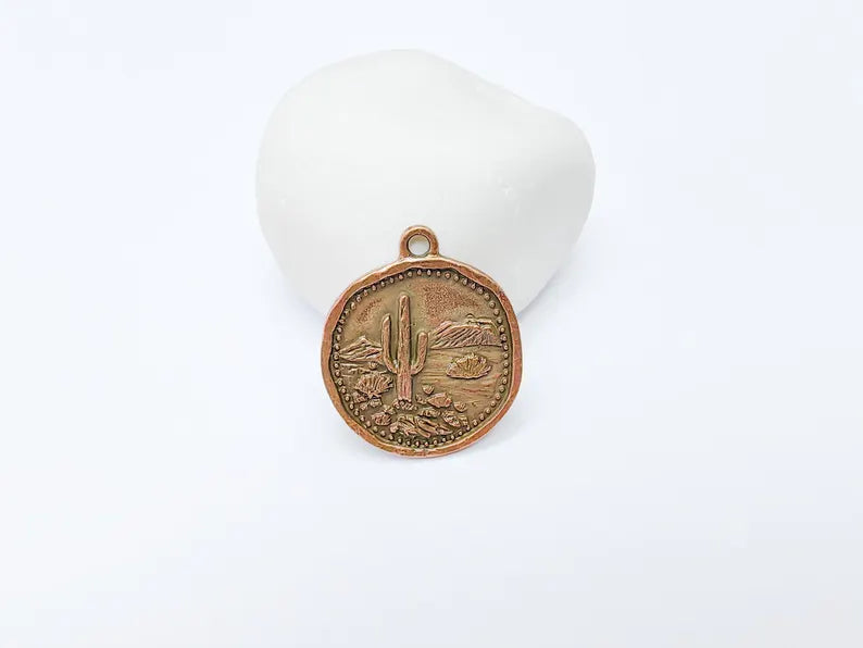 Desert Landscape Pendant, Boho Western Cactus Charm, Southwestern Jewelry, Mountain Nature Earring, Antique Copper Plated 32x27mm G37269