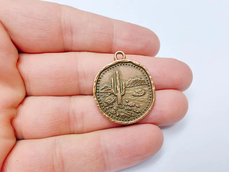 Desert Landscape Pendant, Boho Western Cactus Charm, Southwestern Jewelry, Mountain Nature Earring, Antique Copper Plated 32x27mm G37269