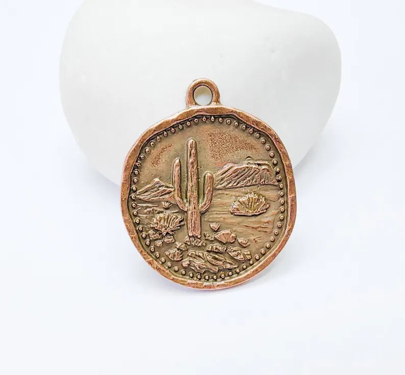 Desert Landscape Pendant, Boho Western Cactus Charm, Southwestern Jewelry, Mountain Nature Earring, Antique Copper Plated 32x27mm G37269