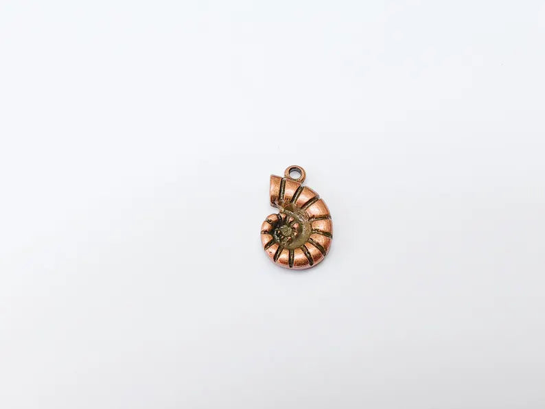 2 Ammonite Fossil Pendant, Spiral Shell Charm, Nautical Jewelry Supply, Prehistoric Sea Fossil, Antique Copper Plated 22x14mm G37307