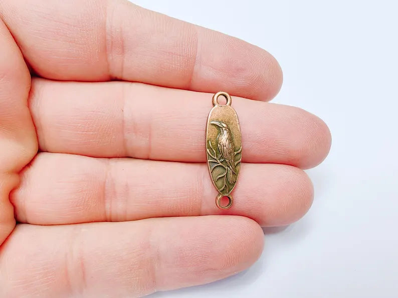 4 Raven Connector Charm Pendant, Gothic Boho Charm, Nature Earring Charm, Mystical Bird, Necklace Parts, Antique Copper Plated 30x9mm G37270