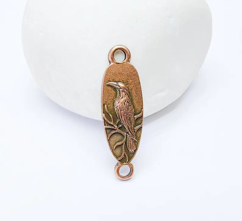 4 Raven Connector Charm Pendant, Gothic Boho Charm, Nature Earring Charm, Mystical Bird, Necklace Parts, Antique Copper Plated 30x9mm G37270