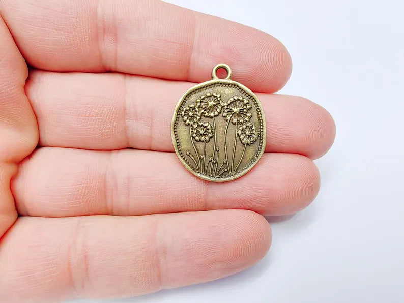 Dandelion Charms, Bronze Flower Charms, Boho Charms, Earring Charms, Bronze Pendant, Necklace Parts, Antique Bronze Plated 29x24mm G37271