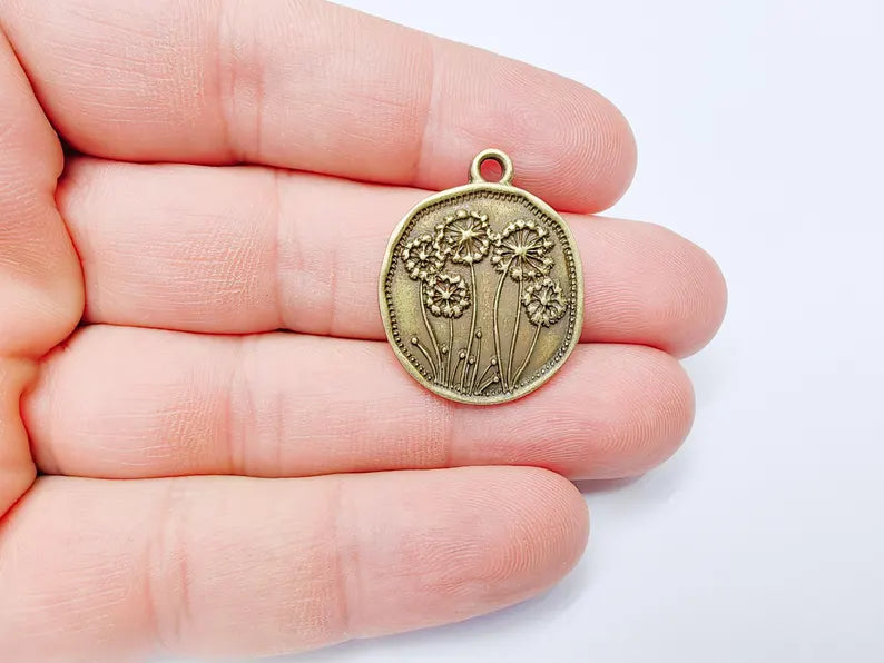 Dandelion Charms, Bronze Flower Charms, Boho Charms, Earring Charms, Bronze Pendant, Necklace Parts, Antique Bronze Plated 29x24mm G37271