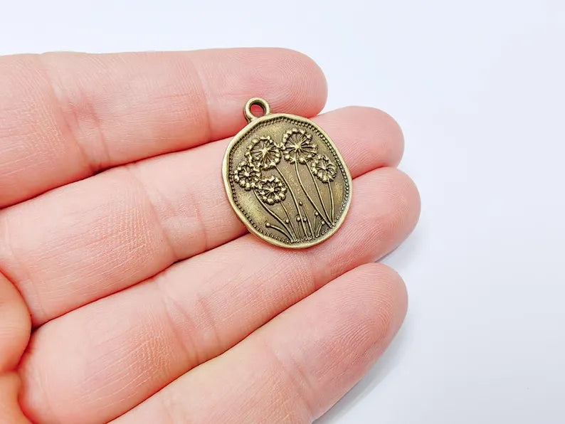 Dandelion Charms, Bronze Flower Charms, Boho Charms, Earring Charms, Bronze Pendant, Necklace Parts, Antique Bronze Plated 29x24mm G37271