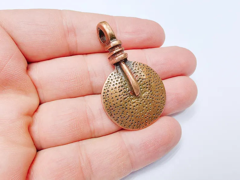 Tribal Pendant, Rustic Round Charm, Textured Pendant for Necklace, Ethnic Boho Tribal Jewelry, Antique Copper Plated 48x28mm G37272
