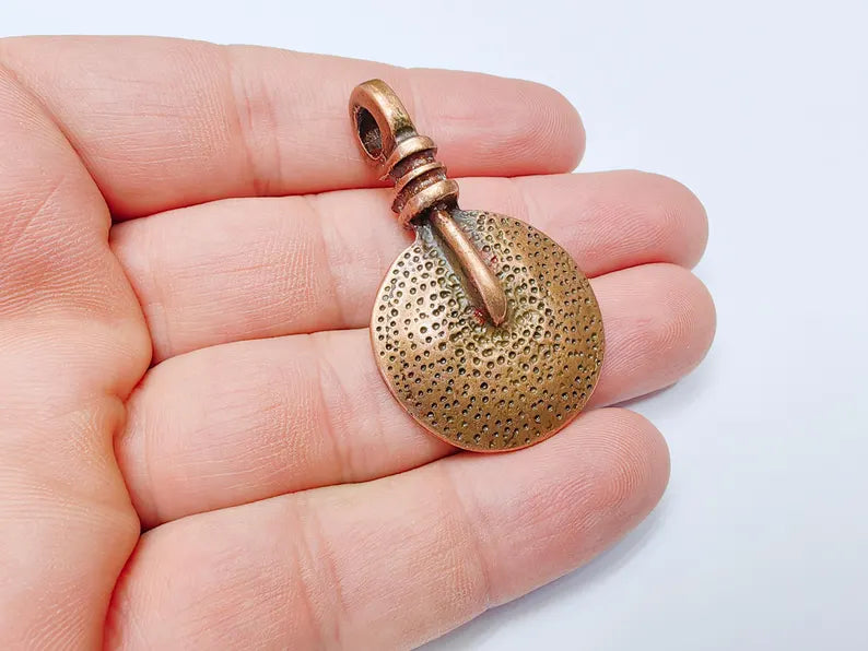 Tribal Pendant, Rustic Round Charm, Textured Pendant for Necklace, Ethnic Boho Tribal Jewelry, Antique Copper Plated 48x28mm G37272