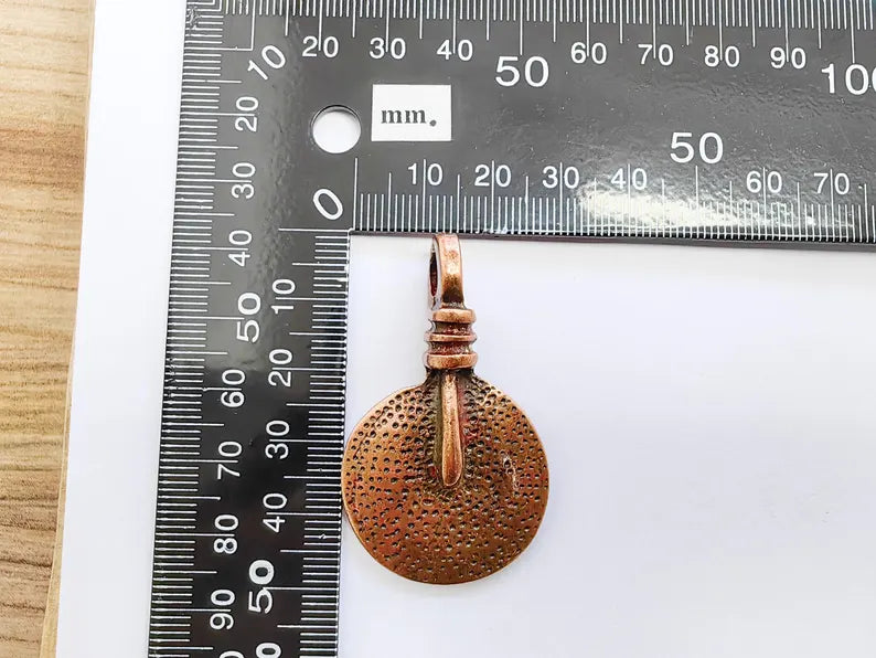 Tribal Pendant, Rustic Round Charm, Textured Pendant for Necklace, Ethnic Boho Tribal Jewelry, Antique Copper Plated 48x28mm G37272