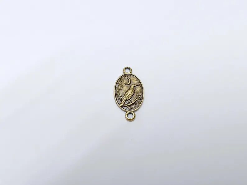 2 Raven and Moon Connector Charm Pendant, Gothic Boho Charm, Nature Earring Charm, Mystical Bird, Antique Bronze Plated 27x14mm G37273