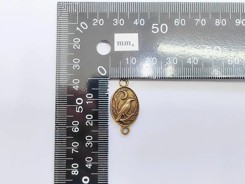 2 Raven and Moon Connector Charm Pendant, Gothic Boho Charm, Nature Earring Charm, Mystical Bird, Antique Bronze Plated 27x14mm G37273