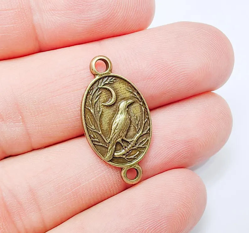 2 Raven and Moon Connector Charm Pendant, Gothic Boho Charm, Nature Earring Charm, Mystical Bird, Antique Bronze Plated 27x14mm G37273