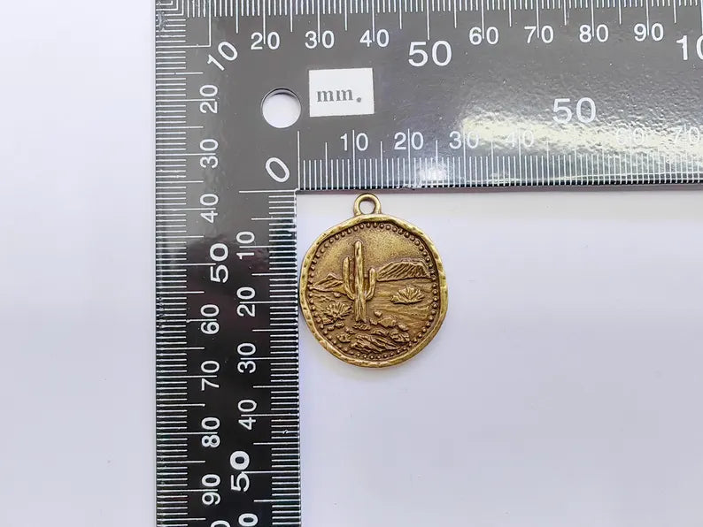 Desert Landscape Pendant, Boho Western Cactus Charm, Southwestern Jewelry, Mountain Nature Earring, Antique Bronze Plated 32x27mm G37276
