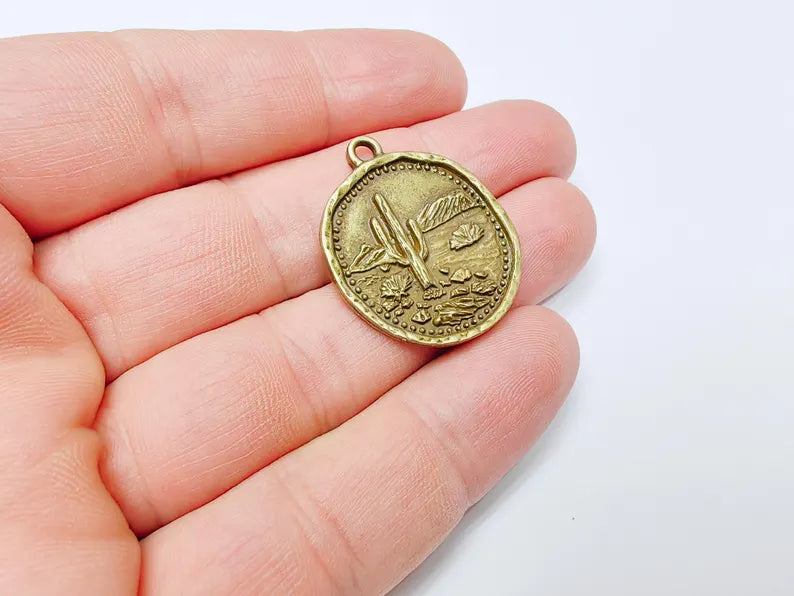 Desert Landscape Pendant, Boho Western Cactus Charm, Southwestern Jewelry, Mountain Nature Earring, Antique Bronze Plated 32x27mm G37276