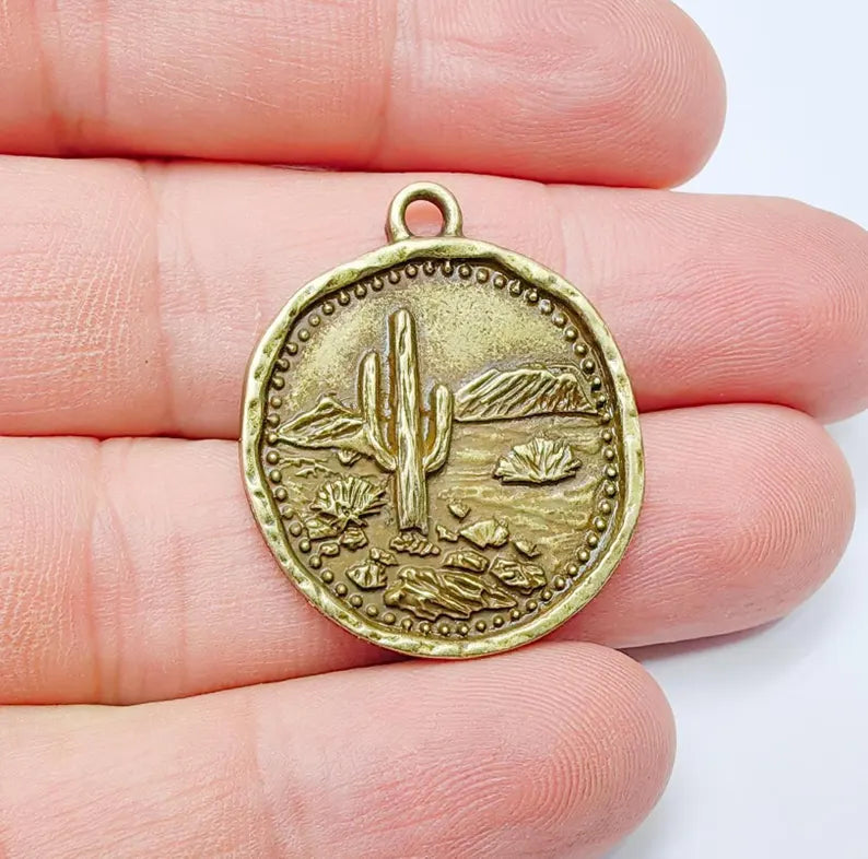 Desert Landscape Pendant, Boho Western Cactus Charm, Southwestern Jewelry, Mountain Nature Earring, Antique Bronze Plated 32x27mm G37276