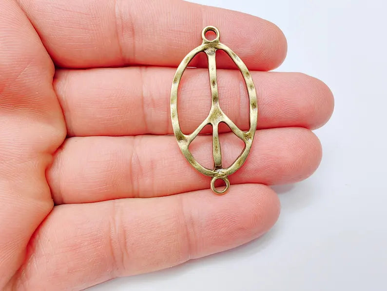 Peace Symbol Pendant Charm, Boho Hippie Jewelry Supply, Spiritual Retro 60s Style Necklace Component, Antique Bronze Plated 46x24mm G37264