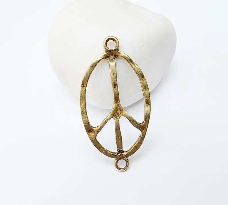 Peace Symbol Pendant Charm, Boho Hippie Jewelry Supply, Spiritual Retro 60s Style Necklace Component, Antique Bronze Plated 46x24mm G37264