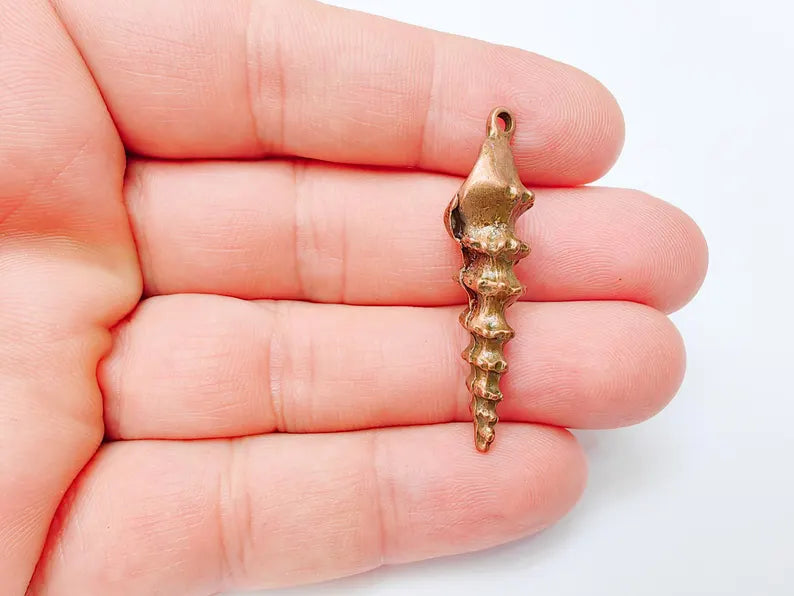 Spiky Spiral Shell Pendant, Long Sea Shell Charm, Copper Ocean