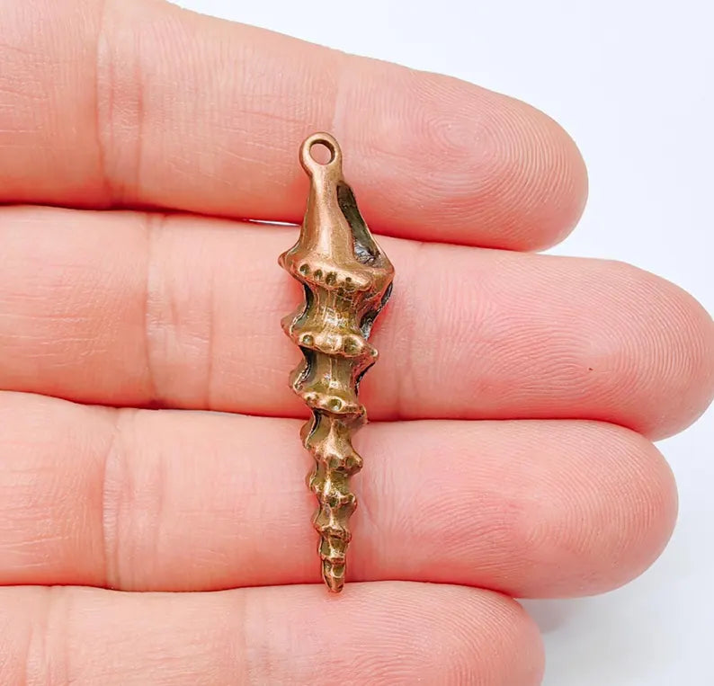Spiky Spiral Shell Pendant, Long Sea Shell Charm, Copper Ocean Jewelry Supply, Beach Nautical Pendant, Antique Copper Plated 43x11mm G37278