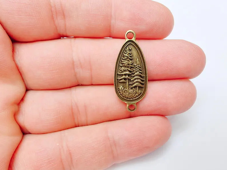 2 Pine Tree Forest Connector Charms, Nature Pendant Boho Earring Charms, Dangle Necklace Part, Antique Bronze Plated Zamac 30x14mm G37281