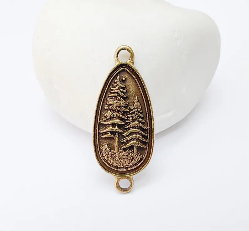 2 Pine Tree Forest Connector Charms, Nature Pendant Boho Earring Charms, Dangle Necklace Part, Antique Bronze Plated Zamac 30x14mm G37281