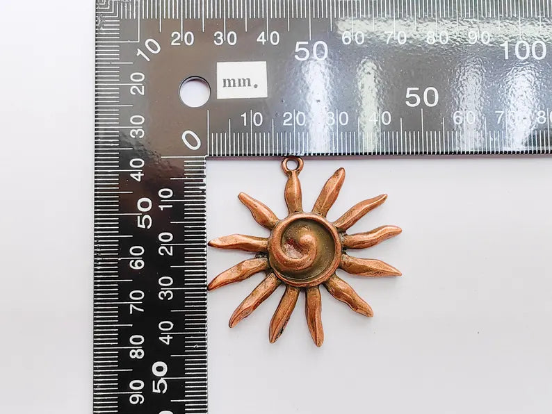 Radiant Sun Pendant, Spiral Center Solar Charm, Boho Statement Celestial Necklace, Rustic Summer, Antique Copper Plated 48x46mm G37290