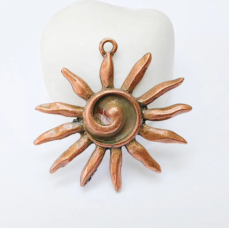 Radiant Sun Pendant, Spiral Center Solar Charm, Boho Statement Celestial Necklace, Rustic Summer, Antique Copper Plated 48x46mm G37290