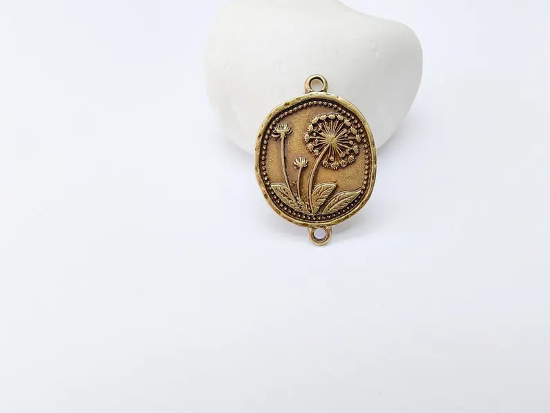 Dandelion Charms Connector Double Hole, Flower Pendant, Boho Charms, Earring Charms, Necklace Parts, Antique Bronze Plated 33x24mm G37291
