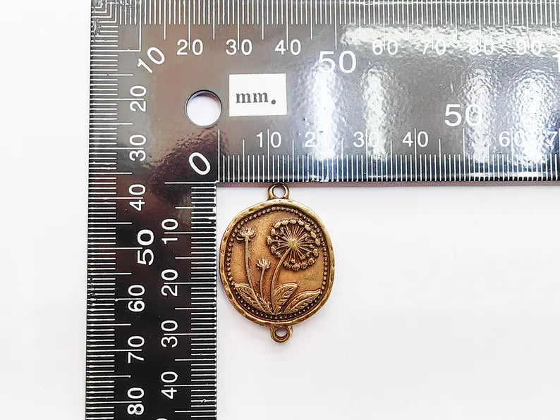 Dandelion Charms Connector Double Hole, Flower Pendant, Boho Charms, Earring Charms, Necklace Parts, Antique Bronze Plated 33x24mm G37291