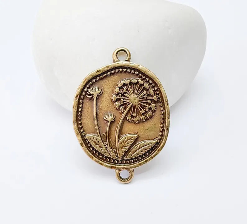 Dandelion Charms Connector Double Hole, Flower Pendant, Boho Charms, Earring Charms, Necklace Parts, Antique Bronze Plated 33x24mm G37291