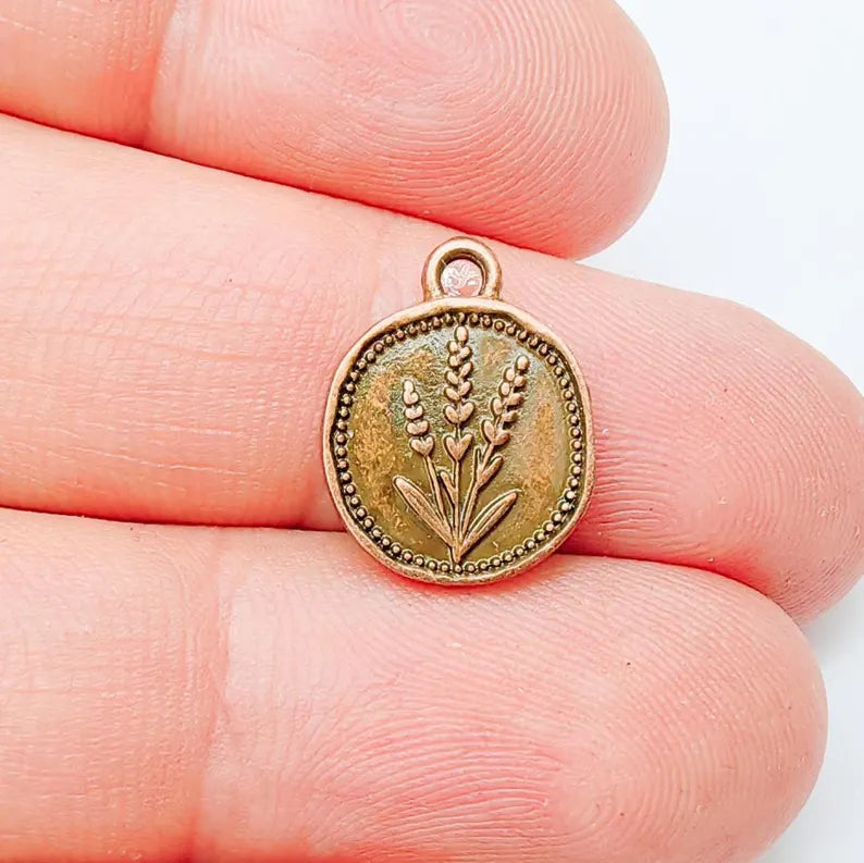 5 Lavender Flower Charm, Double Sided Botanical Organic Shape Bracelet Charm, Nature Earring, Floral Tag, Antique Copper Plated 16x12mm G37292