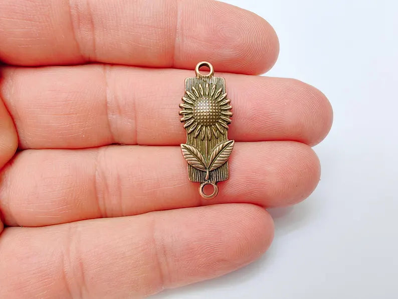 2 Sunflower Charm Connector, Floral Pendant, Herb Earring Charms, Sunflower Dangle Necklace Part, Antique Copper Plated 32x12mm G37297