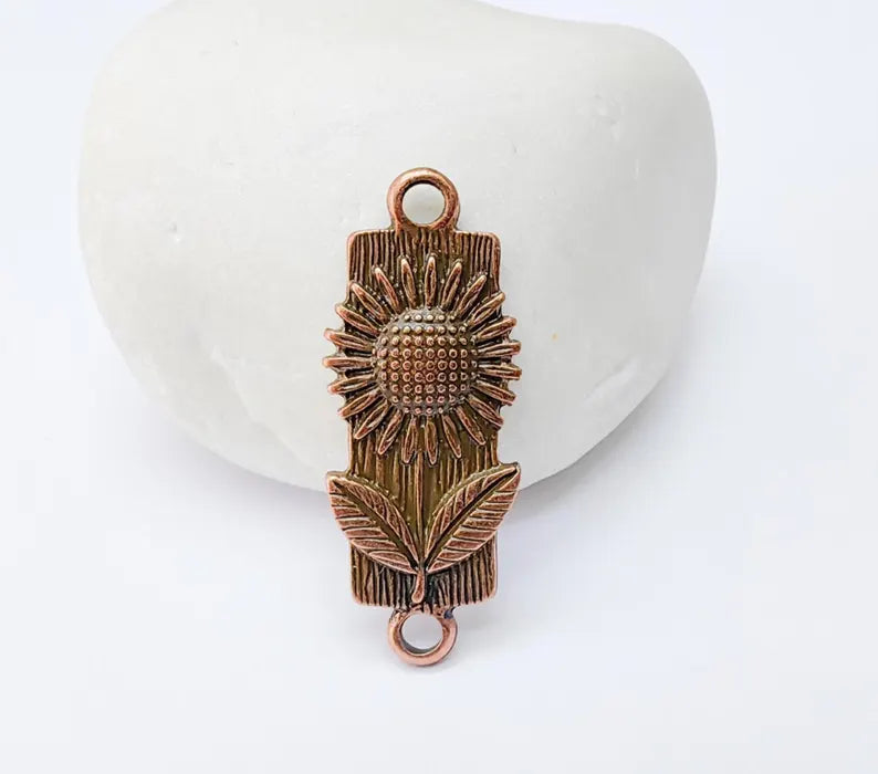 2 Sunflower Charm Connector, Floral Pendant, Herb Earring Charms, Sunflower Dangle Necklace Part, Antique Copper Plated 32x12mm G37297