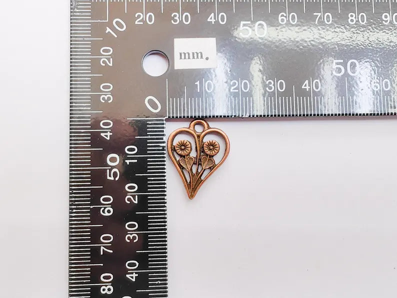 2 Floral Heart Pendant, Two Flower Charm, Romantic Nature Jewelry, Botanical Necklace, Earring Charm, Antique Copper Plated 22x17mm G37293