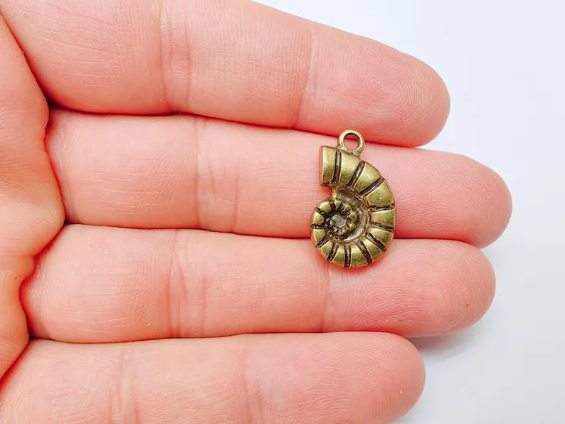 2 Ammonite Fossil Pendant, Spiral Shell Charm, Nautical Jewelry Supply, Prehistoric Sea Fossil, Antique Bronze Plated 22x14mm G37301