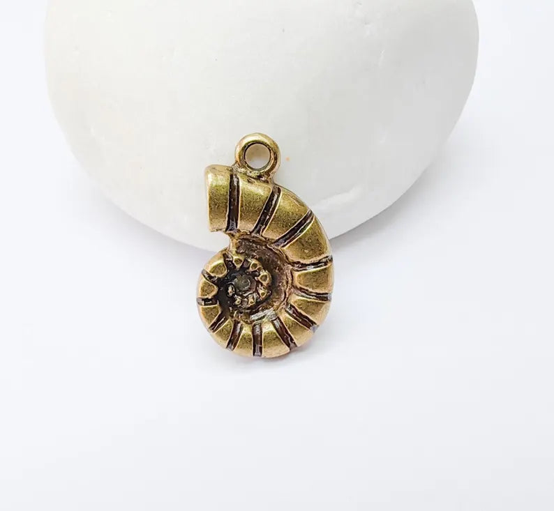 2 Ammonite Fossil Pendant, Spiral Shell Charm, Nautical Jewelry Supply, Prehistoric Sea Fossil, Antique Bronze Plated 22x14mm G37301