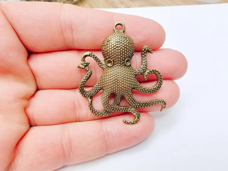 Octopus Pendant, Large Sea Life Charm, Nautical Statement Jewelry, Steampunk Boho Ocean Pendant, Antique Bronze Plated 48x42mm G37303