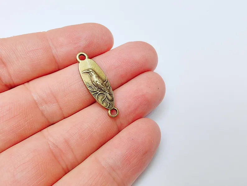 4 Raven Connector Charm Pendant, Gothic Boho Charm, Nature Earring Charm, Mystical Bird, Necklace Parts, Antique Bronze Plated 30x9mm G37304