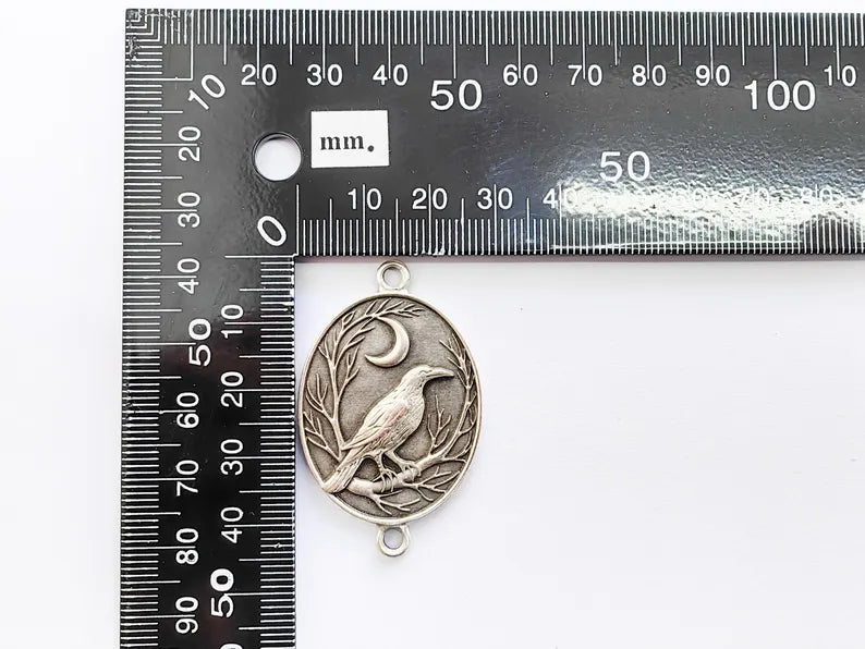 Raven and Moon Charm Pendant, Gothic Boho Charm, Nature Earring Charm, Mystical Bird, Necklace Parts, Antique Silver Plated 40x28mm G37159