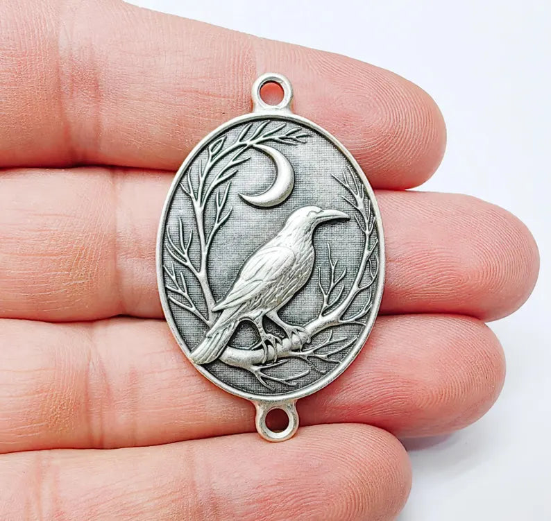 Raven and Moon Charm Pendant, Gothic Boho Charm, Nature Earring Charm, Mystical Bird, Necklace Parts, Antique Silver Plated 40x28mm G37159