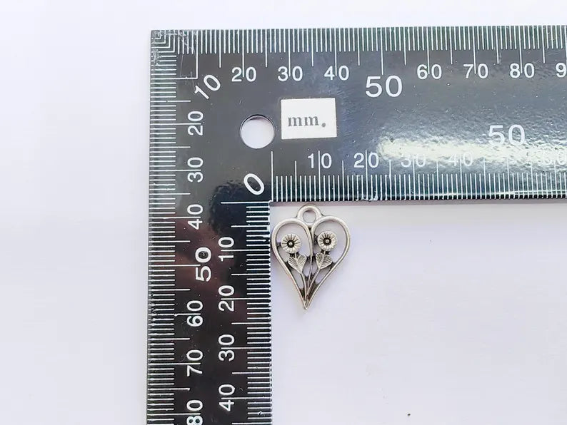 2 Floral Heart Pendant, Two Flower Charm, Romantic Nature Jewelry, Botanical Necklace, Earring Charm, Antique Silver Plated 22x17mm G37162