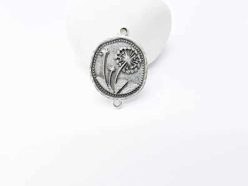 Dandelion Charms Connector Double Hole, Flower Pendant, Boho Charms, Earring Charms, Necklace Parts, Antique Silver Plated 33x24mm G37163