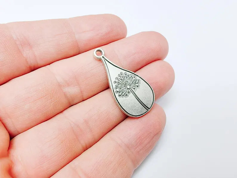 Dandelion Pendant, Teardrop Shaped Charm, Botanical Jewelry Supply, Nature Inspired Necklace Part, Antique Silver Plated 33x16mm G37165