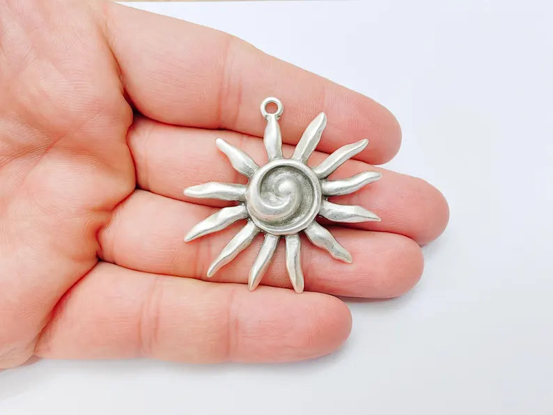 Radiant Sun Pendant, Spiral Center Solar Charm, Boho Statement Celestial Necklace, Rustic Summer, Antique Silver Plated 48x46mm G37166