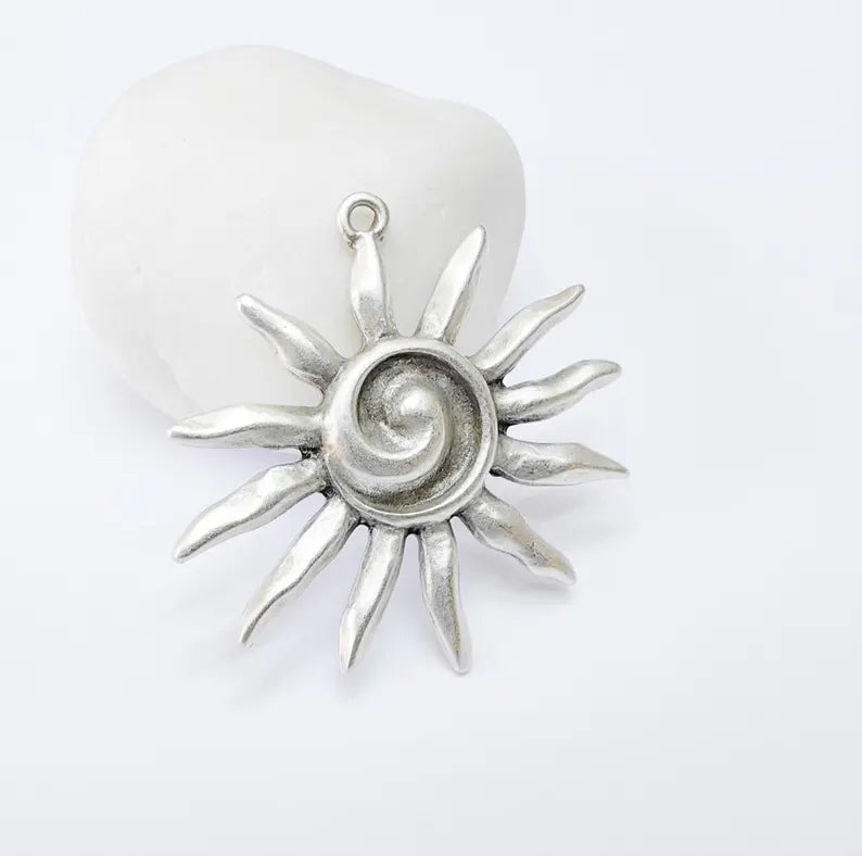 Radiant Sun Pendant, Spiral Center Solar Charm, Boho Statement Celestial Necklace, Rustic Summer, Antique Silver Plated 48x46mm G37166