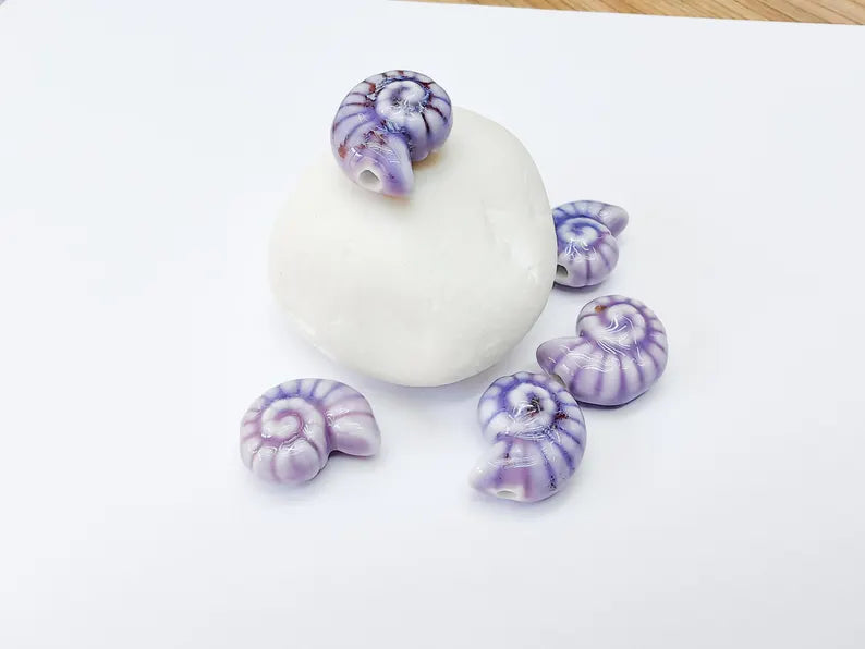 Purple Porcelain Nautilus Beads, Ceramic Shell Bead, Summer Sea Bead, Ocean Jewelry Supply, Beach Theme Beads, Ammonite Beads 20x16mm G37167